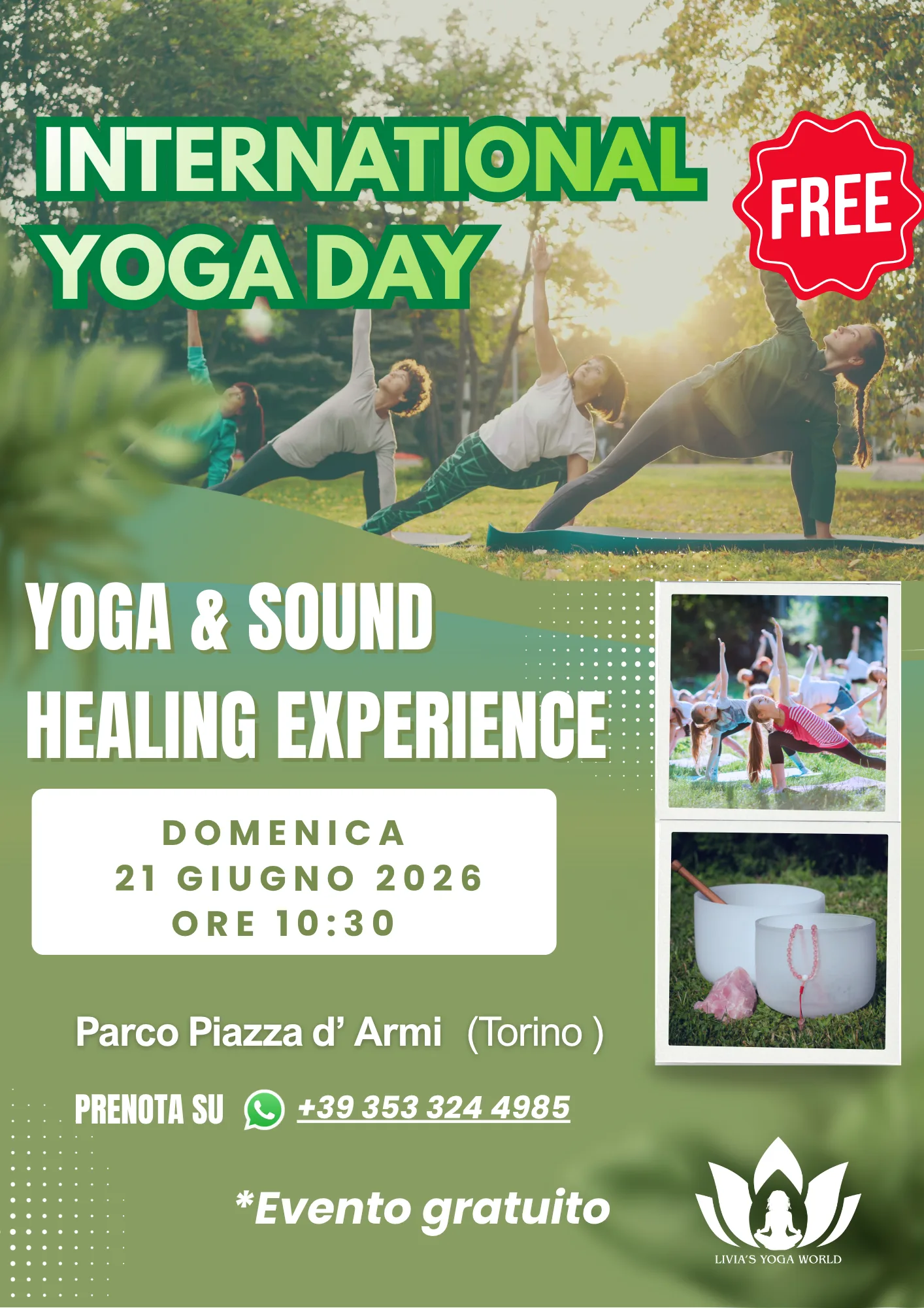 Locandina International Yoga Day - Free Yoga & Sound Healing Experience, domenica 21 giugno 2026 al Parco Piazza d'Armi di Torino