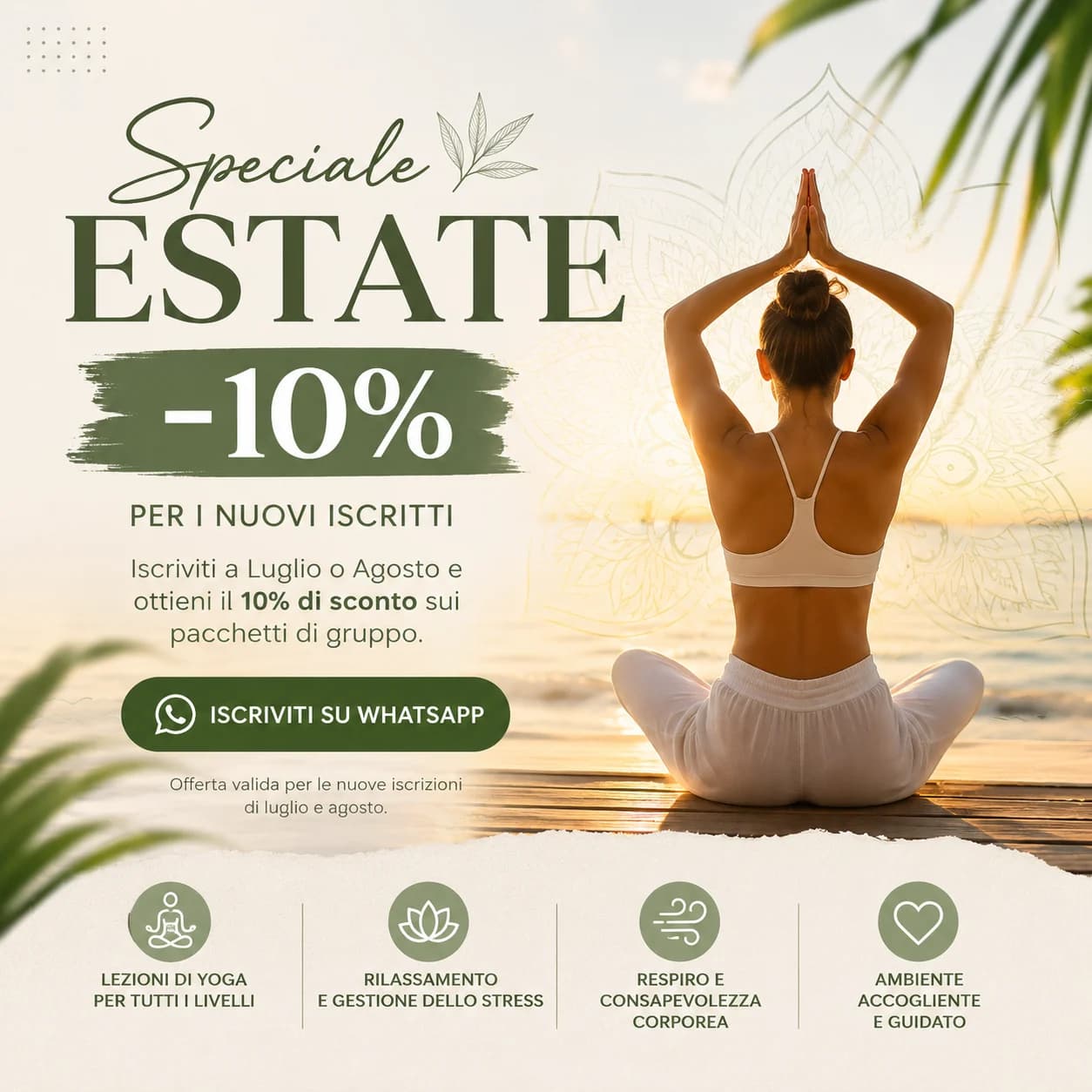 Locandina Speciale Estate Yoga: 10% di sconto per nuovi iscritti a luglio e agosto sui pacchetti di gruppo